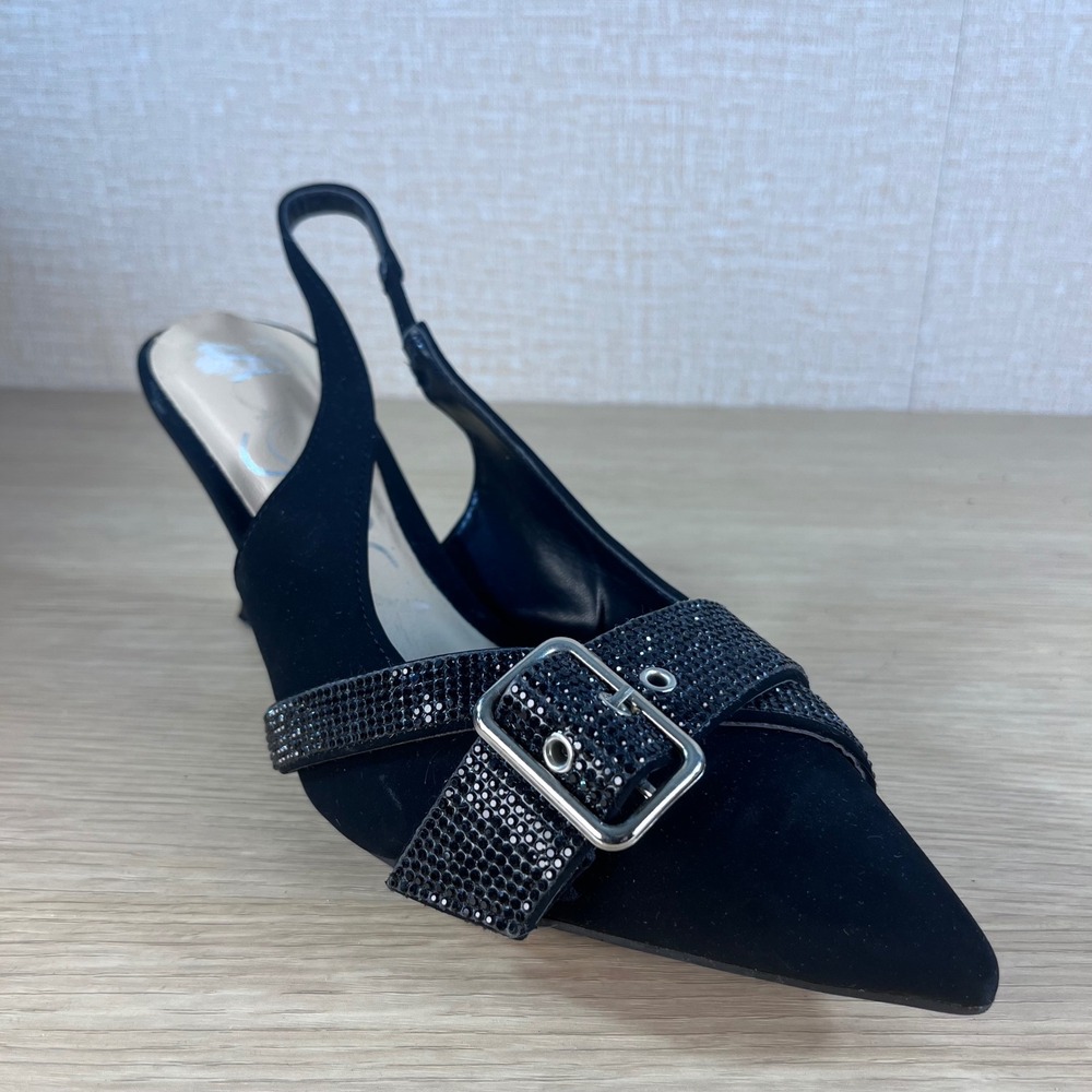 Sugar Womens Black Rhinestone Buckle Pointed Toe Slingback Kitten Heels Size 8.5